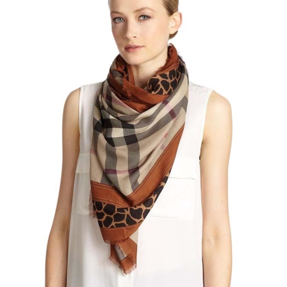 Burberry Check Scarf with Leopard Print Trim - Picture 1 of 3